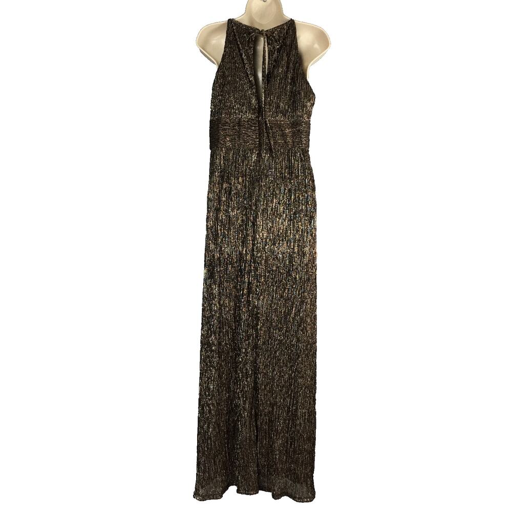 R & M Richards Metallic Brown Gold Halter Sleeveless Formal Party Maxi Dress 14P